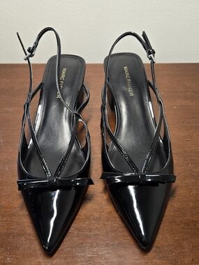 Marc Fisher Black Patent Pointed Slingback Heels with Bow